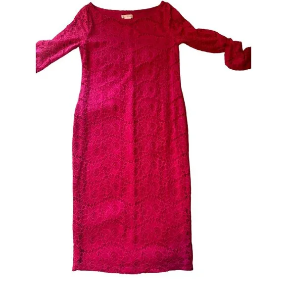 💖Ingrid & Isabel Women's Long-Sleeve Hot Pink Lace Midi Dress - Size S - Picture 2 of 5